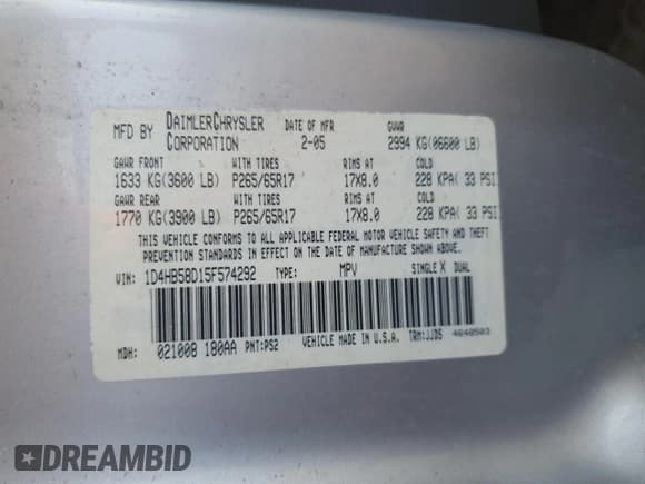 ✅ 2005 Dodge Durango Limited • VIN: 1D4HB58D15F574292 • Лот: 90293345. Опубликован ранее на Copart с пробегом 174 154 миль. Бесплатный доступ к архиву аукционных продаж из США и подробный отчёт об истории автомобиля на DreamBid. Изображение 13.