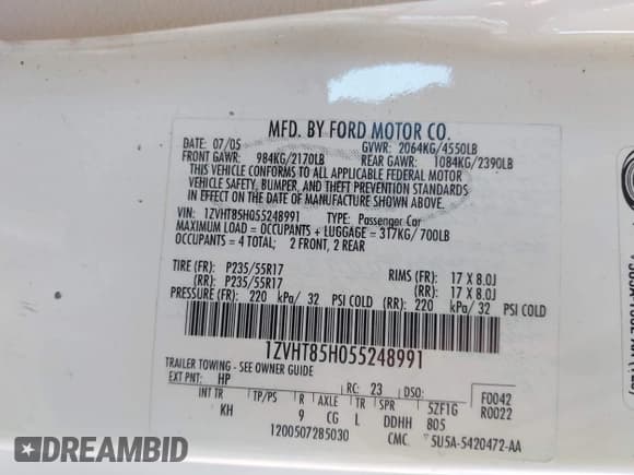 ✅ 2005 Ford Mustang GT Deluxe • VIN: 1ZVHT85H055248991 • Лот: 43541903. Опубликован ранее на IAAI с пробегом 120 990 миль. Бесплатный доступ к архиву аукционных продаж из США и подробный отчёт об истории автомобиля на DreamBid. Изображение 9.