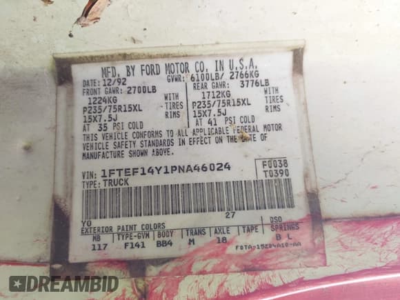 ✅ 1993 Ford F-150 • VIN: 1FTEF14Y1PNA46024 • Лот: 42969474. Опубликован ранее на IAAI с пробегом 142 969 миль. Бесплатный доступ к архиву аукционных продаж из США и подробный отчёт об истории автомобиля на DreamBid. Изображение 9.