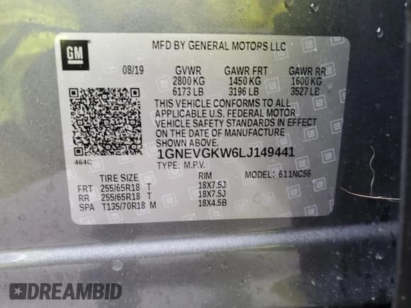 ✅ 2020 Chevrolet Traverse LT Cloth • VIN: 1GNEVGKW6LJ149441 • Лот: 91026965. Опубликован ранее на Copart с пробегом 77 286 миль. Бесплатный доступ к архиву аукционных продаж из США и подробный отчёт об истории автомобиля на DreamBid. Изображение 14.