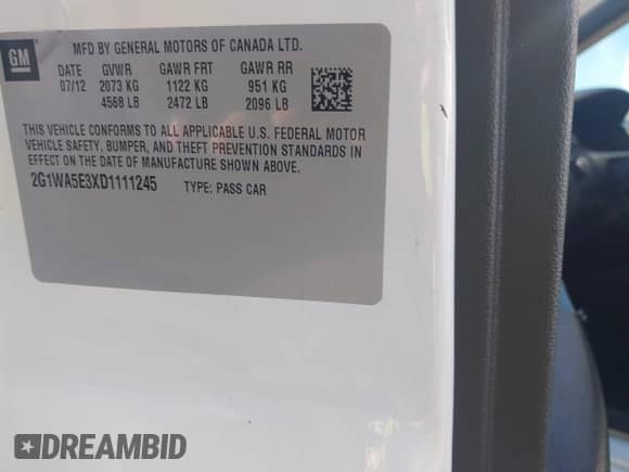 2013 Chevrolet Impala LS z VIN 2G1WA5E3XD1111245, wystawiony jako IAAI lot #43542203 z przebiegiem Nie podano mil oraz . Historia ofert i sprzedaży dostępna na DreamBid. Obrazek 9.