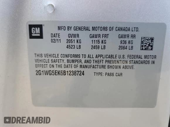 ✅ 2011 Chevrolet Impala LT Fleet • VIN: 2G1WG5EK6B1238724 • Lot: 52582975. Listed on Copart with 172,352 mi. Free auction sales archive from the USA and detailed vehicle history report at DreamBid. Image 12.