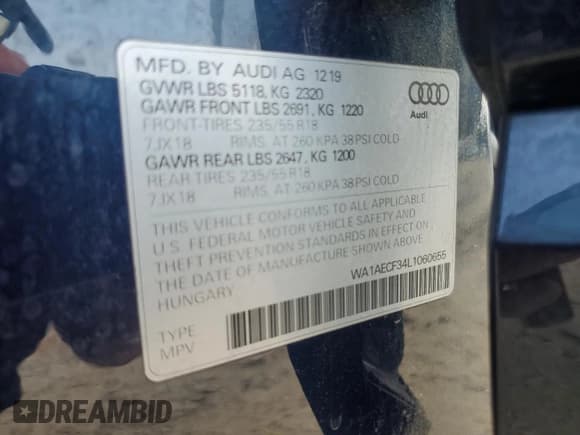 ✅ 2020 Audi Q3 Premium • VIN: WA1AECF34L1060655 • Lot: 59891475. Listed on Copart with 69,149 mi. Free auction sales archive from the USA and detailed vehicle history report at DreamBid. Image 13.