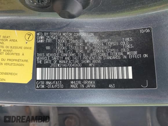 ✅ 2007 Toyota Highlander w/3rd Row • VIN: JTEEW21A670040600 • Lot: 41887388. Wystawiony na IAAI z przebiegiem 267 756 mil. Bezpłatny archiwum sprzedaży aukcyjnych z USA i szczegółowy raport historii pojazdu na DreamBid. Zdjęcie 9.