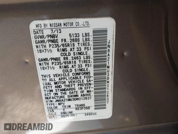 ✅ 2013 Nissan Murano SL • VIN: JN8AZ1MU3DW212637 • Lot: 43900775. Listed on IAAI with 85,743 mi. Free auction sales archive from the USA and detailed vehicle history report at DreamBid. Image 9.