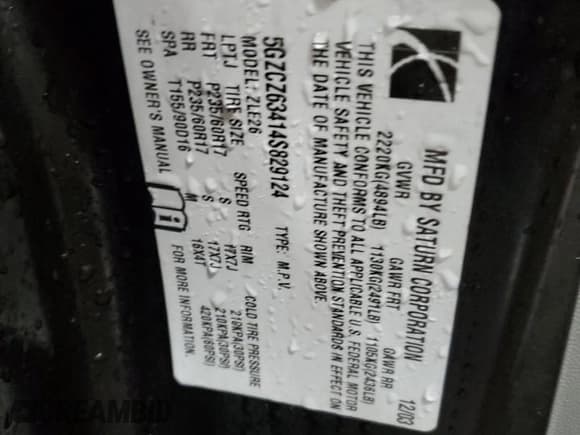 ✅ 2004 Saturn VUE V6 • VIN: 5GZCZ63414S829124 • Лот: 84867364. Опубликован ранее на Copart с пробегом 89 358 миль. Бесплатный доступ к архиву аукционных продаж из США и подробный отчёт об истории автомобиля на DreamBid. Изображение 14.