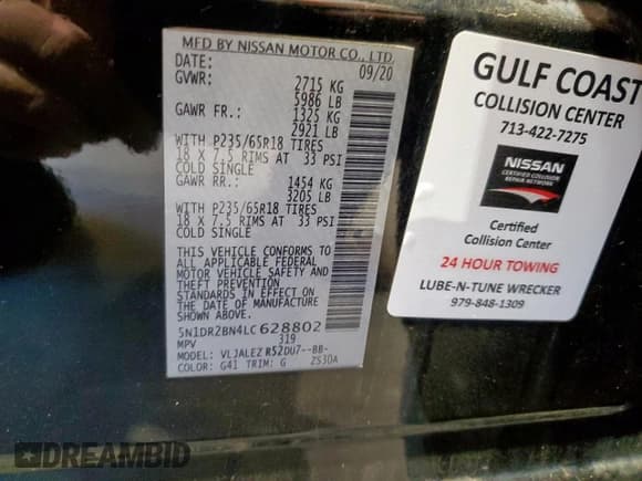 ✅ 2020 Nissan Pathfinder SV • VIN: 5N1DR2BN4LC628802 • Lot: 90939825. Listed on Copart with 146,748 mi. Free auction sales archive from the USA and detailed vehicle history report at DreamBid. Image 13.