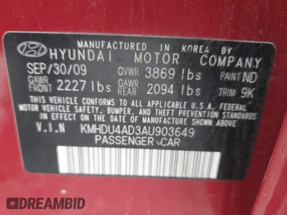 ✅ 2010 Hyundai Elantra SE • VIN: KMHDU4AD3AU903649 • Lot: 43288596. Listed on IAAI with Not provided. Free auction sales archive from the USA and detailed vehicle history report at DreamBid. Image 9.