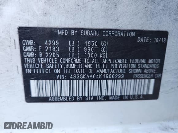 ✅ 2019 Subaru Impreza • VIN: 4S3GKAA64K1606299 • Lot: 91514035. Listed on Copart with 87,366 mi. Free auction sales archive from the USA and detailed vehicle history report at DreamBid. Image 13.