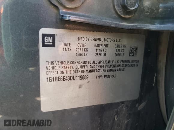 ✅ 2013 Chevrolet Volt • VIN: 1G1RE6E43DU119689 • Lot: 72680324. Wystawiony na Copart z przebiegiem 252 212 mil. Bezpłatny archiwum sprzedaży aukcyjnych z USA i szczegółowy raport historii pojazdu na DreamBid. Zdjęcie 12.