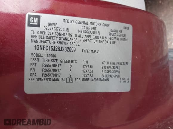 ✅ 2008 Chevrolet Suburban 3LT • VIN: 1GNFC16J28J232099 • Lot: 42537526. Listed on IAAI with 169,854 mi. Free auction sales archive from the USA and detailed vehicle history report at DreamBid. Image 9.