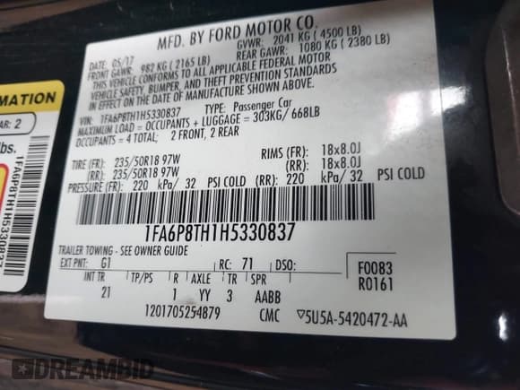 ✅ 2017 Ford Mustang EcoBoost • VIN: 1FA6P8TH1H5330837 • Lot: 43137841. Listed on IAAI with 125,080 mi. Free auction sales archive from the USA and detailed vehicle history report at DreamBid. Image 9.