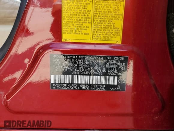 ✅ 2008 Lexus GS 350 • VIN: JTHBE96SX80039423 • Lot: 82117395. Listed on Copart with 236,029 mi. Free auction sales archive from the USA and detailed vehicle history report at DreamBid. Image 12.