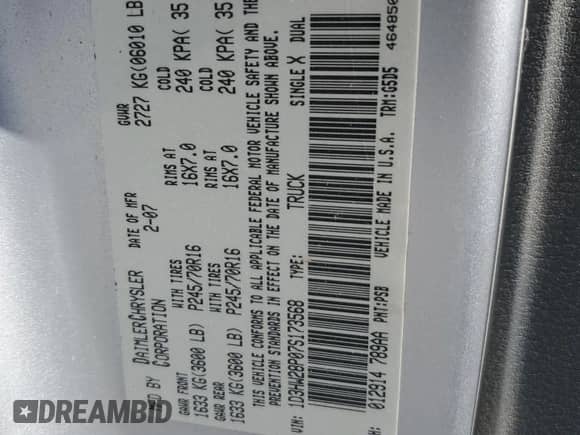 2007 Dodge Dakota ST with VIN 1D3HW28P07S173568, listed as a Copart auction lot 57132075 with 167,477 mi miles and Salvage title. Bid and sale history available at DreamBid. Image 13.