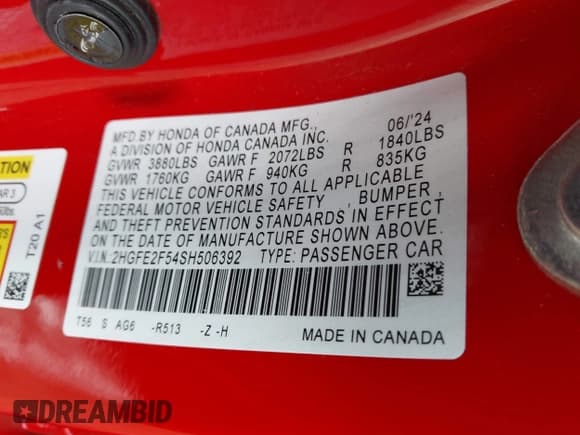 ✅ 2025 Honda Civic Sport • VIN: 2HGFE2F54SH506392 • Lot: 43271216. Listed on IAAI with 24,240 mi. Free auction sales archive from the USA and detailed vehicle history report at DreamBid. Image 9.