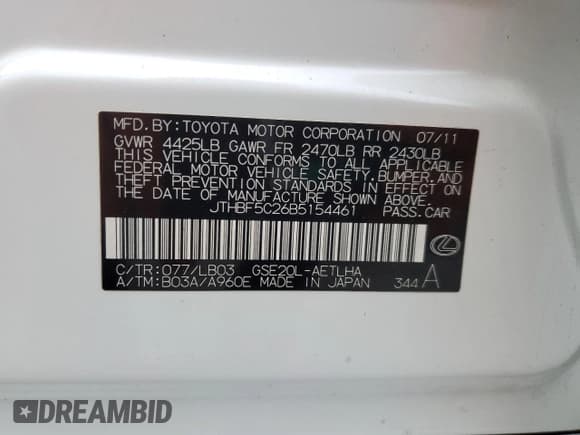 ✅ 2011 Lexus IS 250 • VIN: JTHBF5C26B5154461 • Lot: 93308635. Listed on Copart with 191,439 mi. Free auction sales archive from the USA and detailed vehicle history report at DreamBid. Image 12.