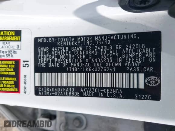 2019 Toyota Camry LE z VIN 4T1B11HK6KU276241, wystawiony jako IAAI lot #42379029 z przebiegiem 81 411 mil mil oraz . Historia ofert i sprzedaży dostępna na DreamBid. Obrazek 9.