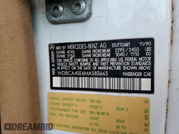 ✅ 1991 Mercedes-Benz 560 • VIN: WDBCA45E6MA583663 • Lot: 66163085. Wystawiony na Copart z przebiegiem 306 084 mil. Bezpłatny archiwum sprzedaży aukcyjnych z USA i szczegółowy raport historii pojazdu na DreamBid. Zdjęcie 12.