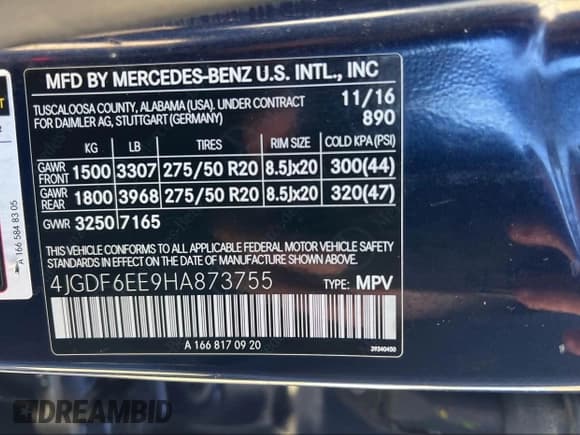 ✅ 2017 Mercedes-Benz GLS 450 • VIN: 4JGDF6EE9HA873755 • Lot: 43543200. Listed on IAAI with 182,662 mi. Free auction sales archive from the USA and detailed vehicle history report at DreamBid. Image 9.