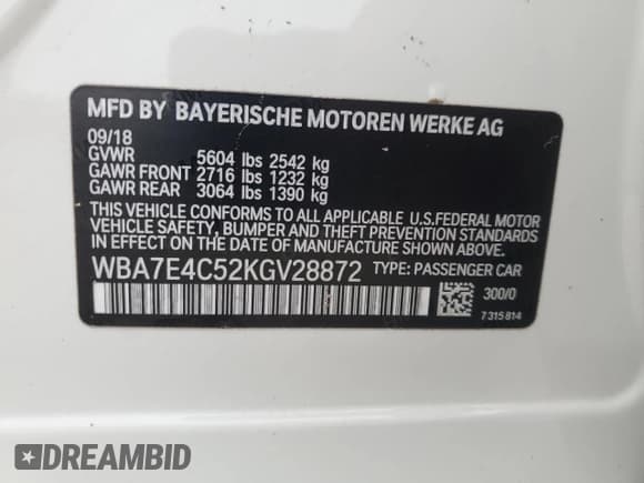 ✅ 2019 BMW 7 Series 740i xDrive • VIN: WBA7E4C52KGV28872 • Lot: 61689005. Listed on Copart with Not provided. Free auction sales archive from the USA and detailed vehicle history report at DreamBid. Image 13.