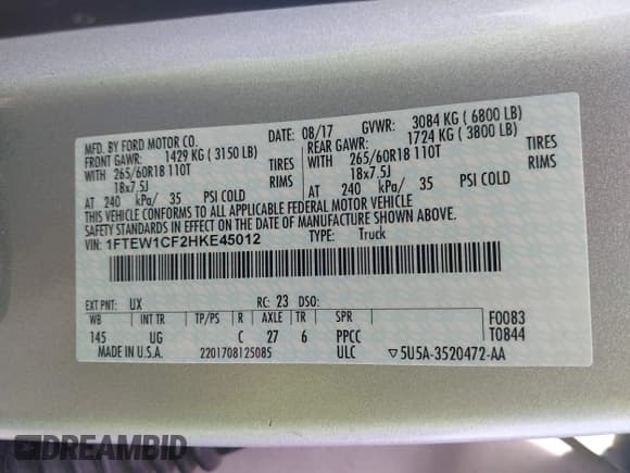 ✅ 2017 Ford F-150 XL • VIN: 1FTEW1CF2HKE45012 • Лот: 42038478. Опубликован ранее на IAAI с пробегом 76 284 миль. Бесплатный доступ к архиву аукционных продаж из США и подробный отчёт об истории автомобиля на DreamBid. Изображение 9.