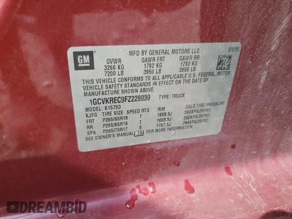 ✅ 2015 Chevrolet Silverado 1500 LT • VIN: 1GCVKREC9FZ228039 • Лот: 69106854. Опубликован ранее на Copart с пробегом 162 628 миль. Бесплатный доступ к архиву аукционных продаж из США и подробный отчёт об истории автомобиля на DreamBid. Изображение 12.