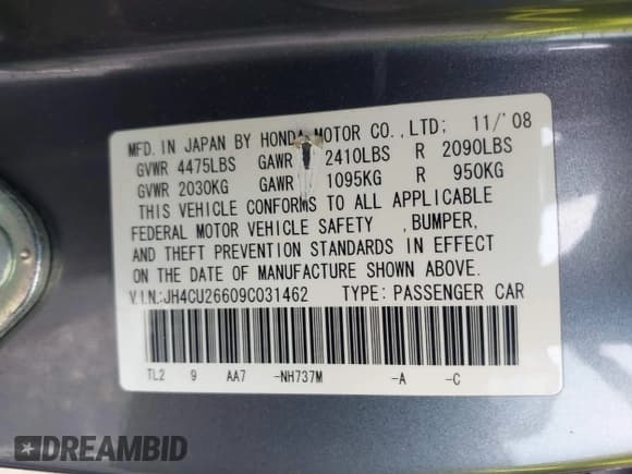 ✅ 2009 Acura TSX • VIN: JH4CU26609C031462 • Lot: 42131701. Listed on IAAI with Not provided. Free auction sales archive from the USA and detailed vehicle history report at DreamBid. Image 9.
