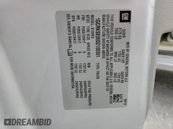 ✅ 2013 Chevrolet Silverado 1500 LT • VIN: 1GCRKSE06DZ106301 • Lot: 67110974. Listed on Copart with 140,892 mi. Free auction sales archive from the USA and detailed vehicle history report at DreamBid. Image 12.