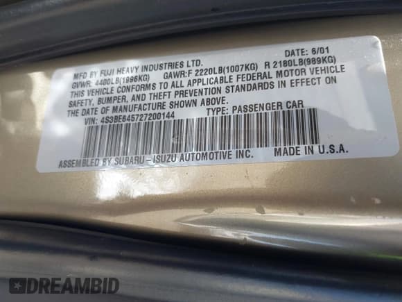 ✅ 2002 Subaru Legacy • VIN: 4S3BE645727200144 • Lot: 42860974. Listed on IAAI with 92,541 mi. Free auction sales archive from the USA and detailed vehicle history report at DreamBid. Image 9.