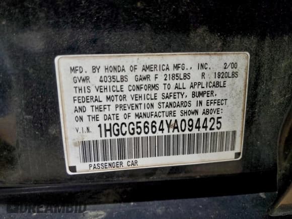 ✅ 2000 Honda Accord EX • VIN: 1HGCG5664YA094425 • Lot: 95218475. Listed on Copart with 185,544 mi. Free auction sales archive from the USA and detailed vehicle history report at DreamBid. Image 12.