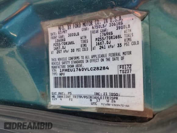 ✅ 1997 Ford Expedition XLT • VIN: 1FMEU1760VLC28284 • Лот: 72405794. Опубликован ранее на Copart с пробегом 246 849 миль. Бесплатный доступ к архиву аукционных продаж из США и подробный отчёт об истории автомобиля на DreamBid. Изображение 13.