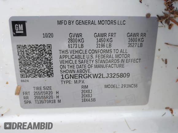 ✅ 2020 Chevrolet Traverse LT Cloth • VIN: 1GNERGKW2LJ325809 • Lot: 43118959. Listed on IAAI with Not provided. Free auction sales archive from the USA and detailed vehicle history report at DreamBid. Image 9.