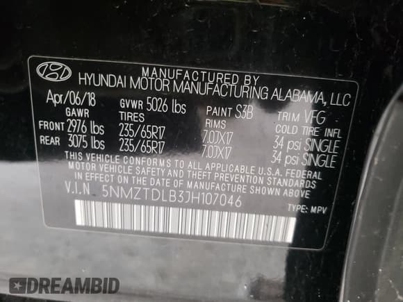 ✅ 2018 Hyundai Santa Fe 2.4L • VIN: 5NMZTDLB3JH107046 • Лот: 64106391. Опубликован ранее на Copart с пробегом 92 104 миль. Бесплатный доступ к архиву аукционных продаж из США и подробный отчёт об истории автомобиля на DreamBid. Изображение 10.