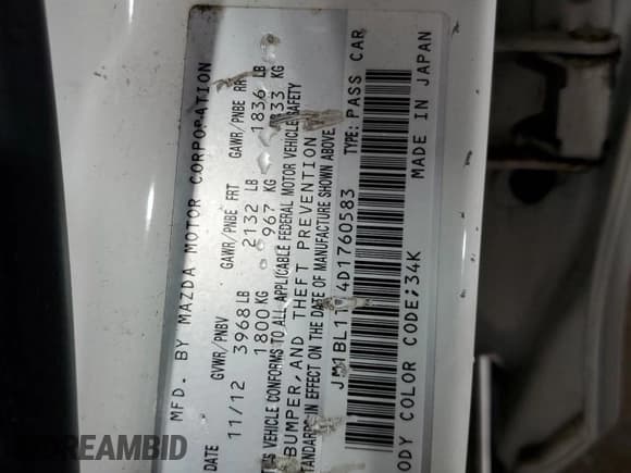 ✅ 2013 Mazda 3 i SV • VIN: JM1BL1TF4D1760583 • Lot: 91600805. Listed on Copart with 100,005 mi. Free auction sales archive from the USA and detailed vehicle history report at DreamBid. Image 12.