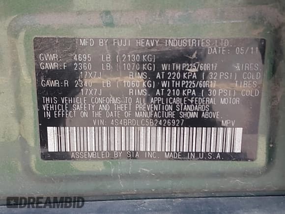 ✅ 2011 Subaru Outback Limited Power Moon • VIN: 4S4BRDLC5B2426927 • Lot: 42758169. Listed on IAAI with 143,125 mi. Free auction sales archive from the USA and detailed vehicle history report at DreamBid. Image 9.