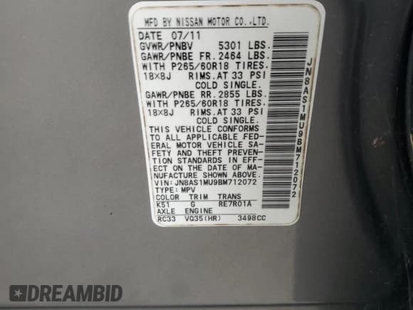 ✅ 2011 Infiniti FX • VIN: JN8AS1MU9BM712072 • Lot: 85181735. Listed on Copart with Not provided. Free auction sales archive from the USA and detailed vehicle history report at DreamBid. Image 14.