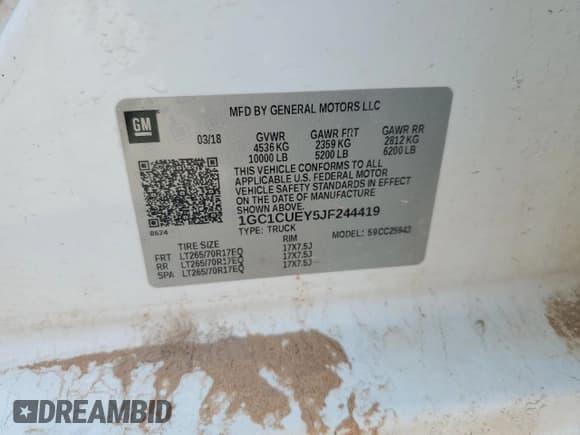 ✅ 2018 Chevrolet Silverado 2500HD Work Truck • VIN: 1GC1CUEY5JF244419 • Лот: 85318344. Опубликован ранее на Copart с пробегом Не указан. Бесплатный доступ к архиву аукционных продаж из США и подробный отчёт об истории автомобиля на DreamBid. Изображение 12.