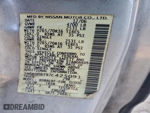 ✅ 2007 Nissan Frontier XE • VIN: 1N6BD06T97C425091 • Lot: 96233215. Listed on Copart with Not provided. Free auction sales archive from the USA and detailed vehicle history report at DreamBid. Image 12.