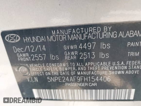 2015 Hyundai Sonata SE z VIN 5NPE24AF9FH154406, wystawiony jako IAAI lot #43614293 z przebiegiem 170 387 mil mil oraz . Historia ofert i sprzedaży dostępna na DreamBid. Obrazek 9.