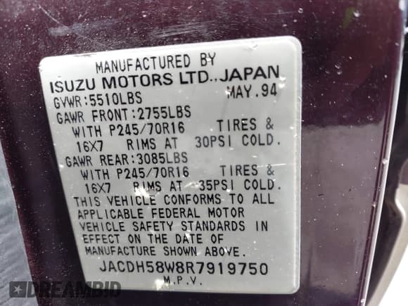 ✅ 1994 Isuzu Trooper LS • VIN: JACDH58W8R7919750 • Lot: 42576854. Listed on IAAI with 265,525 mi. Free auction sales archive from the USA and detailed vehicle history report at DreamBid. Image 9.