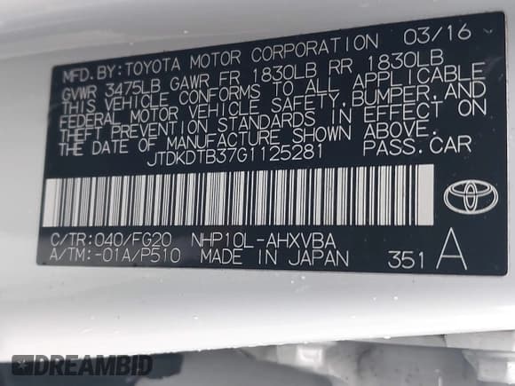 ✅ 2016 Toyota Prius One • VIN: JTDKDTB37G1125281 • Лот: 43434304. Опубликован ранее на IAAI с пробегом 88 838 миль. Бесплатный доступ к архиву аукционных продаж из США и подробный отчёт об истории автомобиля на DreamBid. Изображение 9.