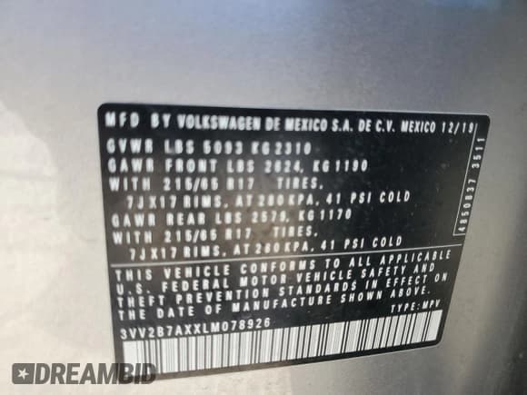 ✅ 2020 Volkswagen Tiguan SE • VIN: 3VV2B7AXXLM078926 • Lot: 91168855. Wystawiony na Copart z przebiegiem 92 379 mil. Bezpłatny archiwum sprzedaży aukcyjnych z USA i szczegółowy raport historii pojazdu na DreamBid. Zdjęcie 13.