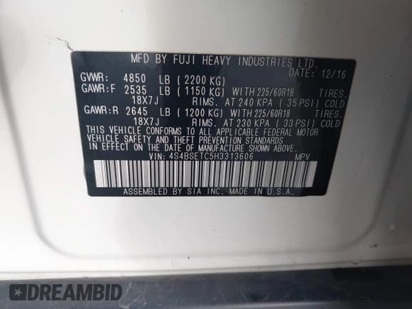 ✅ 2017 Subaru Outback Touring • VIN: 4S4BSETC5H3313606 • Lot: 43719498. Listed on IAAI with 108,883 mi. Free auction sales archive from the USA and detailed vehicle history report at DreamBid. Image 9.