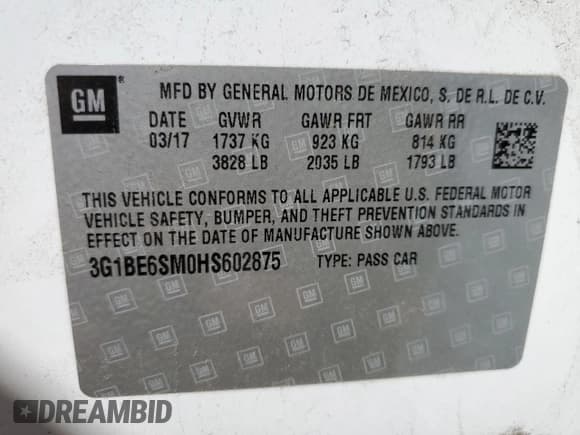 ✅ 2017 Chevrolet Cruze LT • VIN: 3G1BE6SM0HS602875 • Lot: 48258453. Listed on Copart with 85,528 mi. Free auction sales archive from the USA and detailed vehicle history report at DreamBid. Image 12.