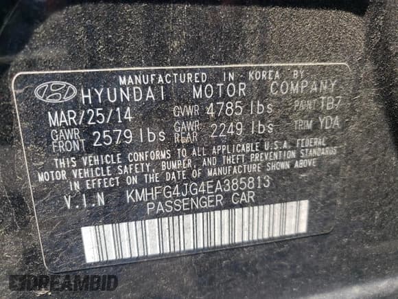 ✅ 2014 Hyundai Azera • VIN: KMHFG4JG4EA385813 • Lot: 54868975. Listed on Copart with 177,059 mi. Free auction sales archive from the USA and detailed vehicle history report at DreamBid. Image 12.