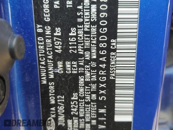 ✅ 2013 Kia Optima SX • VIN: 5XXGR4A68DG090873 • Lot: 60827825. Listed on Copart with Not provided. Free auction sales archive from the USA and detailed vehicle history report at DreamBid. Image 12.