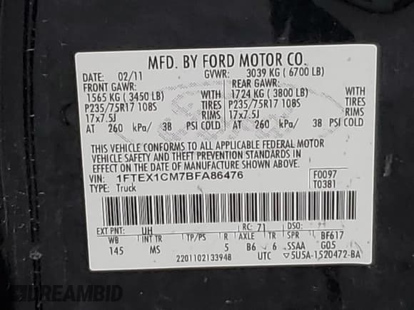 ✅ 2011 Ford F-150 XL • VIN: 1FTEX1CM7BFA86476 • Lot: 85933755. Listed on Copart with 185,259 mi. Free auction sales archive from the USA and detailed vehicle history report at DreamBid. Image 12.