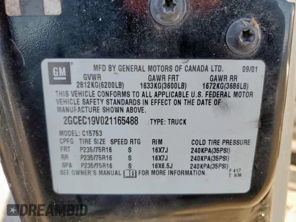 ✅ 2002 Chevrolet Silverado 1500 LS • VIN: 2GCEC19V021165488 • Lot: 91058985. Listed on Copart with 277,243 mi. Free auction sales archive from the USA and detailed vehicle history report at DreamBid. Image 12.