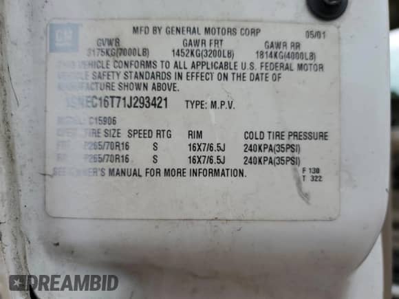 ✅ 2001 Chevrolet Suburban • VIN: 1GNEC16T71J293421 • Лот: 87670365. Опубликован ранее на Copart с пробегом 310 325 миль. Бесплатный доступ к архиву аукционных продаж из США и подробный отчёт об истории автомобиля на DreamBid. Изображение 14.