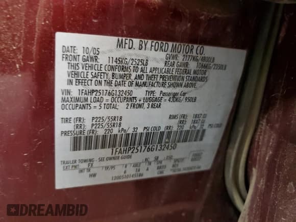 ✅ 2006 Ford Five Hundred Limited • VIN: 1FAHP25176G132450 • Lot: 81757595. Wystawiony na Copart z przebiegiem 136 926 mil. Bezpłatny archiwum sprzedaży aukcyjnych z USA i szczegółowy raport historii pojazdu na DreamBid. Zdjęcie 12.